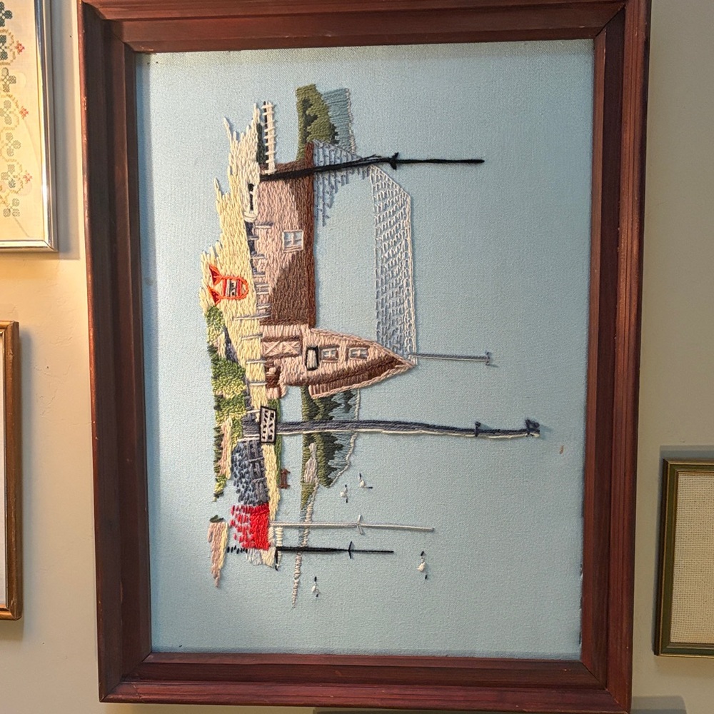 Framed Embroidered Harbor Scene Wall Art - Seaside Colors